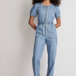 MADEWELL Denim Puff-Sleeve Zip-Up Coverall in Milburn Wash